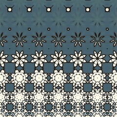 Fototapeta premium A blue and white pattern with flowers. The flowers are in different sizes and shapes. The pattern is made up of squares and circles