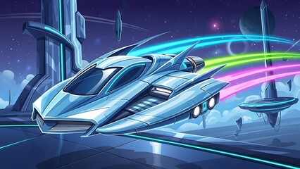 Futuristic Sci-Fi Flying Car with Vibrant Neon Trails Soaring Through an Advanced Alien Cityscape in Space