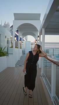Woman leans on railing holding smartphone on a cruise terrace while looking up and touching hair; quiet contemplation.