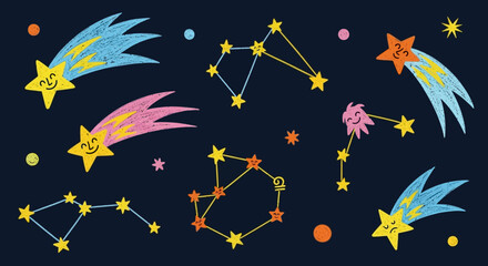 Charming Cartoon Constellations and Comets with Smiling Faces on a Deep Blue Night Sky Background