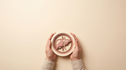 liver health medical organ care hands anatomy minimalist concept for hepatitis awareness and cirrhosis prevention featuring a paper-cut model held in hands on beige background with copy space.