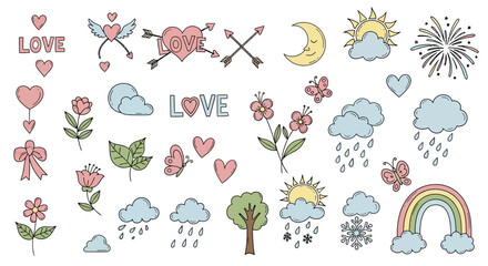 Sweet vector doodle collection featuring hand-drawn hearts, blooming flowers, diverse weather patterns, and delightful nature symbols, perfect for charming graphic design projects