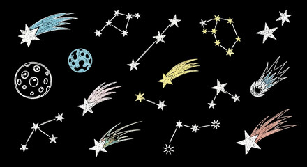 Celestial constellations and comets adorning a dark night sky, a cosmic journey through stars and the moon