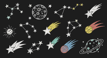 Chalkboard art depicting celestial bodies, constellations, comets, and planets in a whimsical, hand-drawn style