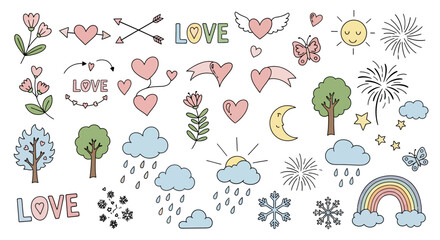 A whimsical collection of hand-drawn illustrations featuring hearts, clouds, rainbows, and natural elements for diverse design applications