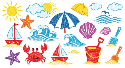 A Colorful Collection of Summer Beach and Ocean Icons, Including Seashells, Starfish, Crabs, Waves, and Beach Toys, Perfect for Children's Designs and Summer Themes