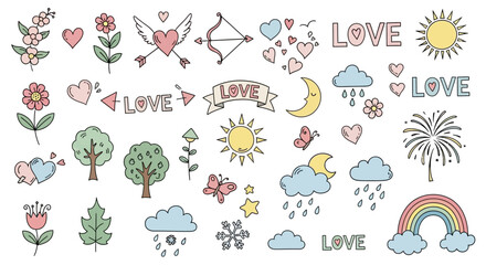 Whimsical hand-drawn vector doodle collection featuring cute love symbols, charming nature elements, and cheerful weather icons for delightful design projects