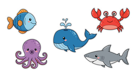 Charming collection of friendly cartoon marine life, featuring a cute whale, playful fish, curious octopus, cheerful crab, and a smiling shark, ideal for kids' illustrations and aquatic projects