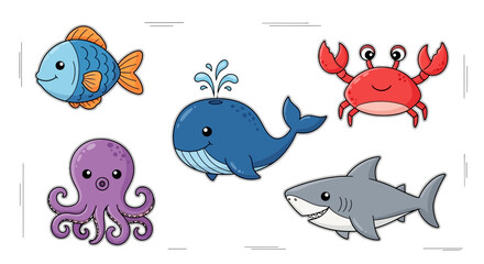 A whimsical collection of cute and colorful cartoon sea creatures including a fish, octopus, whale, crab, and shark