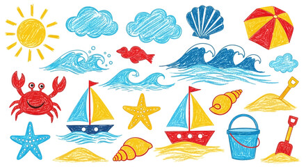 Vibrant collection of summer beach and sea elements, including a smiling crab, sailboats, starfish, and sunshine, evoking a playful seaside holiday atmosphere with colorful crayon drawings