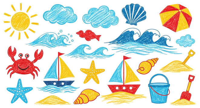 Vibrant collection of summer beach and sea elements, including a smiling crab, sailboats, starfish, and sunshine, evoking a playful seaside holiday atmosphere with colorful crayon drawings