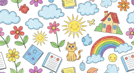 Cheerful and Artistic Doodle Montage Pattern with Playful Illustrations of Nature, Home, and Everyday Objects, Perfect for Children's Themes and Creative Designs