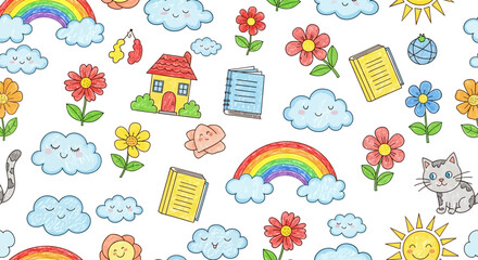 Whimsical Doodle Pattern Featuring Cute Clouds, Rainbows, Flowers, and Animals for Children's Designs