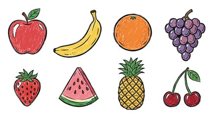 Vibrant Collection of Fresh Fruits in a Hand-Drawn Style Apples, Bananas, Oranges, Grapes, Strawberries, Watermelon, Pineapple, and Cherries