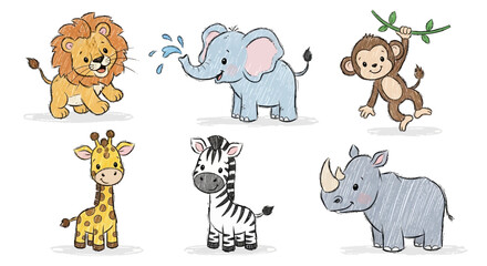 Cute hand-drawn baby safari animal set lion, elephant, monkey, giraffe, zebra, and rhino. Ideal for kids' projects, nursery decor, and playful educational designs