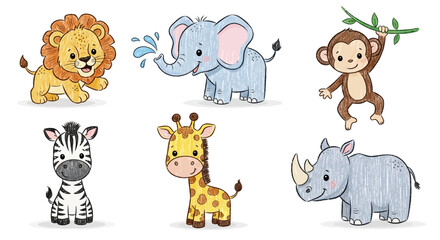 Cute cartoon safari animals collection including a lion, elephant, monkey, zebra, giraffe, and rhino, perfect for children's designs and educational materials