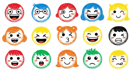 Collection of Cute and Colorful Cartoon Faces with Various Expressive Emotions, Rendered in a Chalky, Hand-Drawn Style