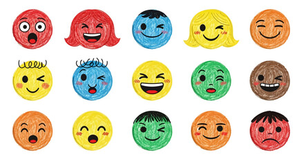 Collection of colorful hand-drawn emoji faces displaying a variety of emotions and expressions, perfect for digital communication and creative projects