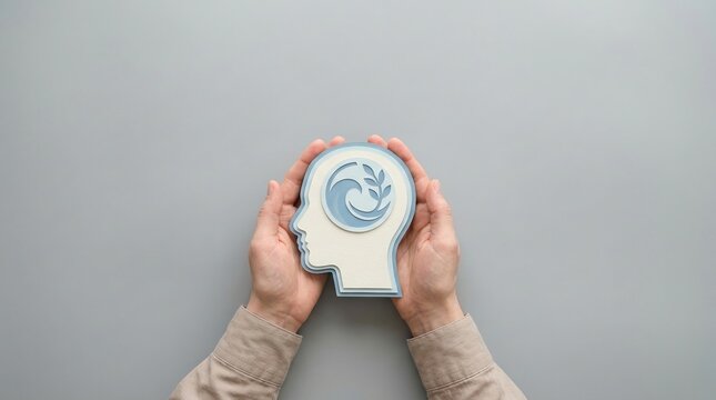 mental health, wellness, psychology, mind, balance, hands, head silhouette conceptual illustration of human profile with wave and leaf symbol for mindfulness and inner peace