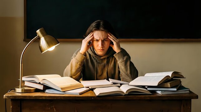 Stressed young woman student studying late at night with books and desk lamp, experiencing academic pressure and exam anxiety in classroom setting.
