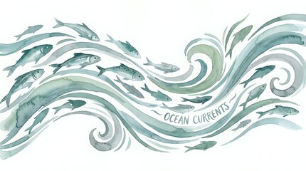 Fototapeta premium Ocean currents flow with fish swimming in turquoise waves on white background. Marine life moves through swirling water patterns for environmental design.