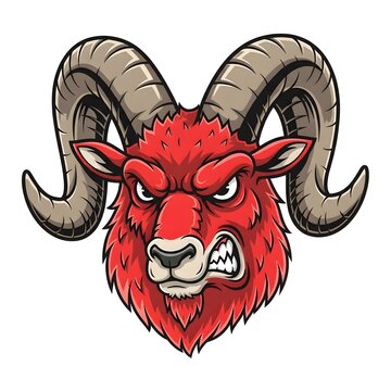 Fierce red goat head with large horns and sharp teeth in a cartoon illustration