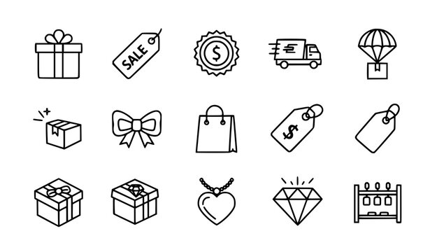 Thin Line Shopping and Gift Icon Set with Sale Delivery and Luxury Symbols