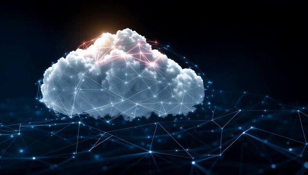 a glowing cloud symbolizing data at the center of an abstract digital network, representing modern technology and online storage, set against a dark blue background Generative AI