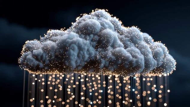 cloud technology, with glowing data connections and code elements forming the shape of an abstract cloud symbol on a dark blue background Generative AI