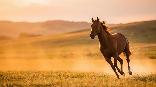 Majestic brown horse galloping across golden meadow at sunset with mountain landscape backdrop for equestrian and nature photography projects.