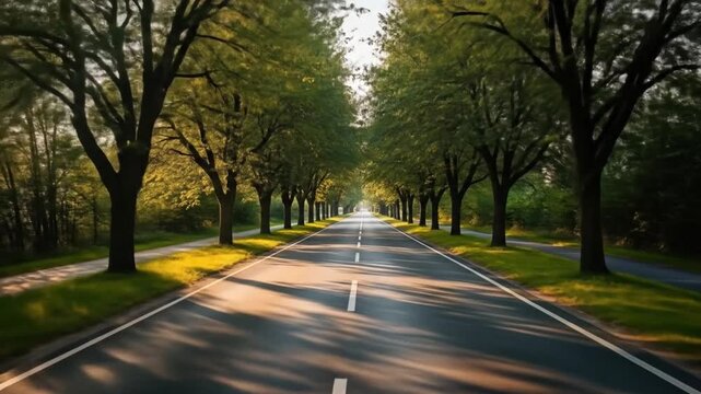 A serene road lined with trees on both sides, stretching into the distance with sunlight filtering through the leaves. Perfect for travel, landscapes, and backgrounds.