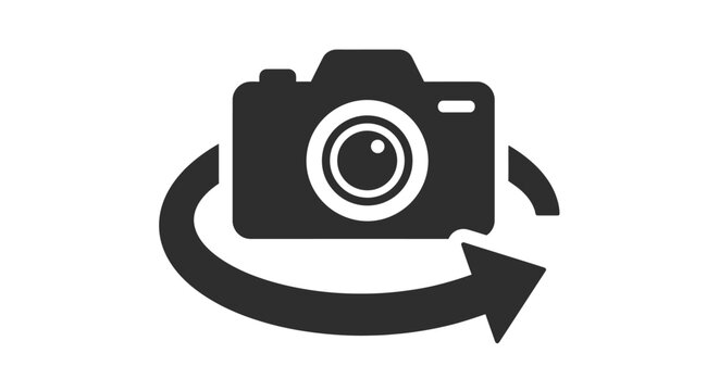 Vector graphic illustration depicting a camera icon with a rotating arrow, symbolizing a switch between front and rear views or image orientation.