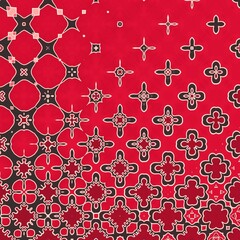 A red and black patterned background with a series of small red and black squares. The squares are arranged in a way that they look like stars