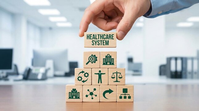 healthcare system, hospital management, medical infrastructure, health insurance, patient care, medical icons, healthcare strategy building concepts for public health services.