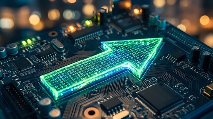 Fototapeta premium Digital circuit board with glowing green arrow pointing forward, representing technology advancement, data flow, and electronic innovation in modern computing.