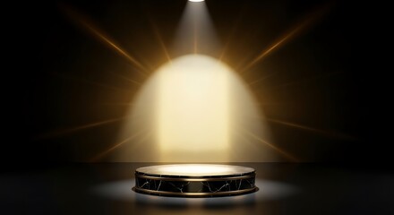 Luxury golden podium with a warm overhead spotlight on a dark background for premium product showcase and brand visuals