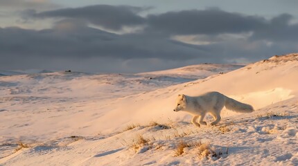 Arctic fox in thick winter coat walking across snowy tundra landscape during golden hour with dramatic cloudy sky and mountain backdrop.