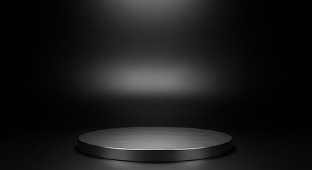 Minimalist dark studio podium with soft overhead lighting for professional product showcase and luxury brand visuals