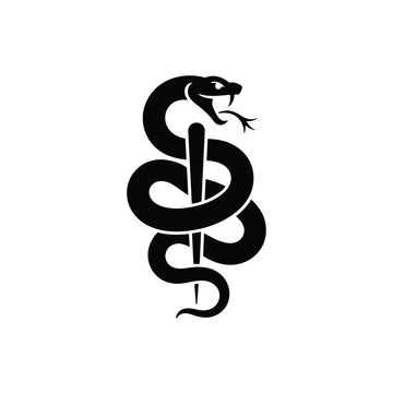 A black silhouette of a coiled snake wrapped around a staff on a white background.