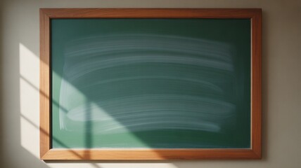 Blank green chalkboard with wooden frame on beige wall