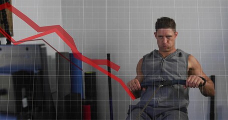 Rowing man holding rower in gym, sleeveless hoodie, wristwatch, grid red chart overlay, copy space © vectorfusionart
