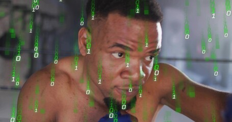 Leaning shirtless male boxer focusing in boxing ring, with blue hand wrap and green binary overlay
