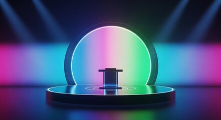 Futuristic circular neon podium with glowing green and pink light for high tech product showcase and digital visuals