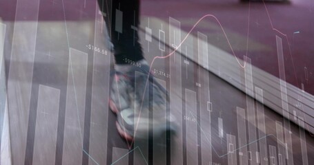 Stepping gray sneaker in dark athletic pants on wood treadmill, showing financial overlays and trim © vectorfusionart