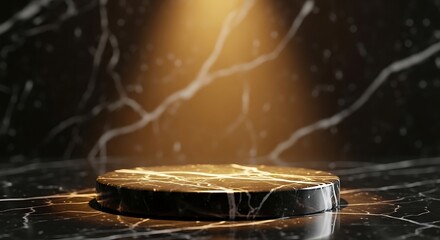 Luxury black marble podium with a warm overhead spotlight for premium product showcase and corporate brand visuals