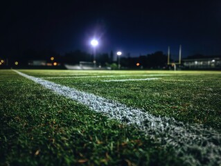 Night shot of a football field, showcasing the white yard lines and illuminated by stadium lights