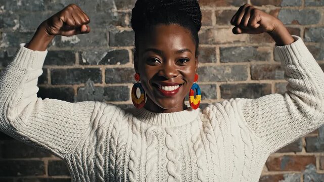 Woman in white sweater showing strength