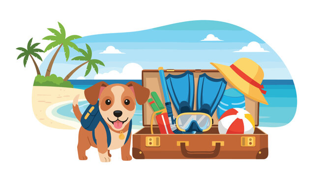 A small puppy wearing a blue backpack stands next to an open suitcase filled with beach gear on a tropical sandy shore with palm trees.