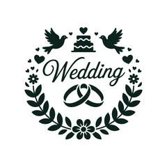 Obraz premium A wedding celebration emblem features doves, a cake, rings, and floral elements.