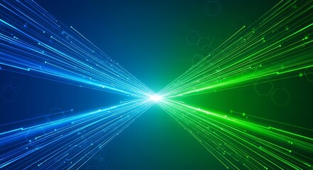 Glowing green and blue light rays with abstract grid for futuristic renewable energy and high tech sustainability